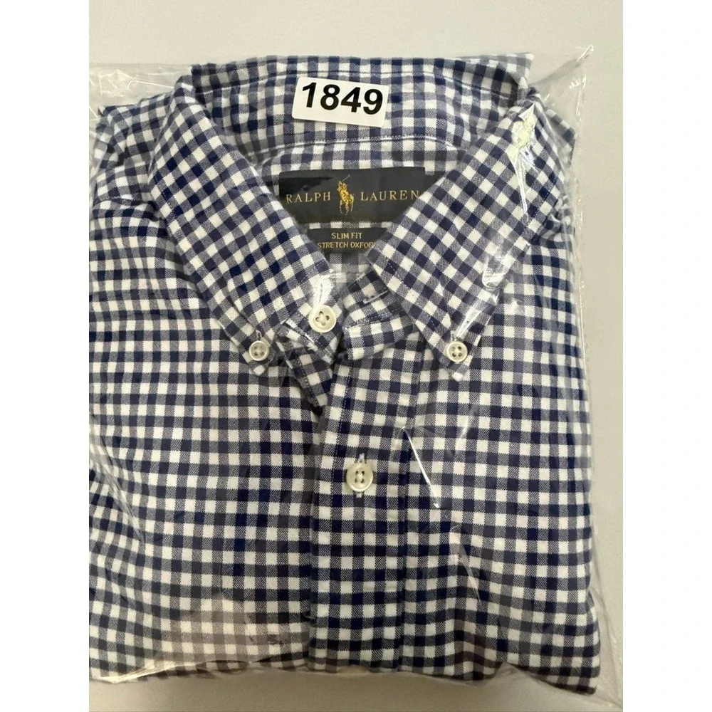 Polo Ralph Lauren Button Down Mens Large Blue Gingham Slim Stretch Oxford Shirt